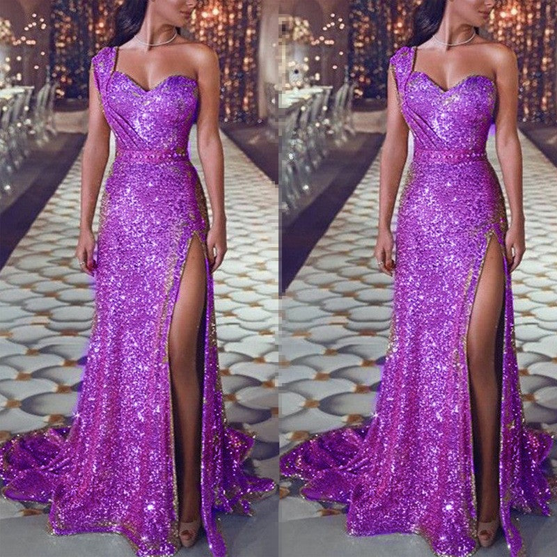 Women's Banquet Temperament Sexy One-shoulder Long Gilding Dresses