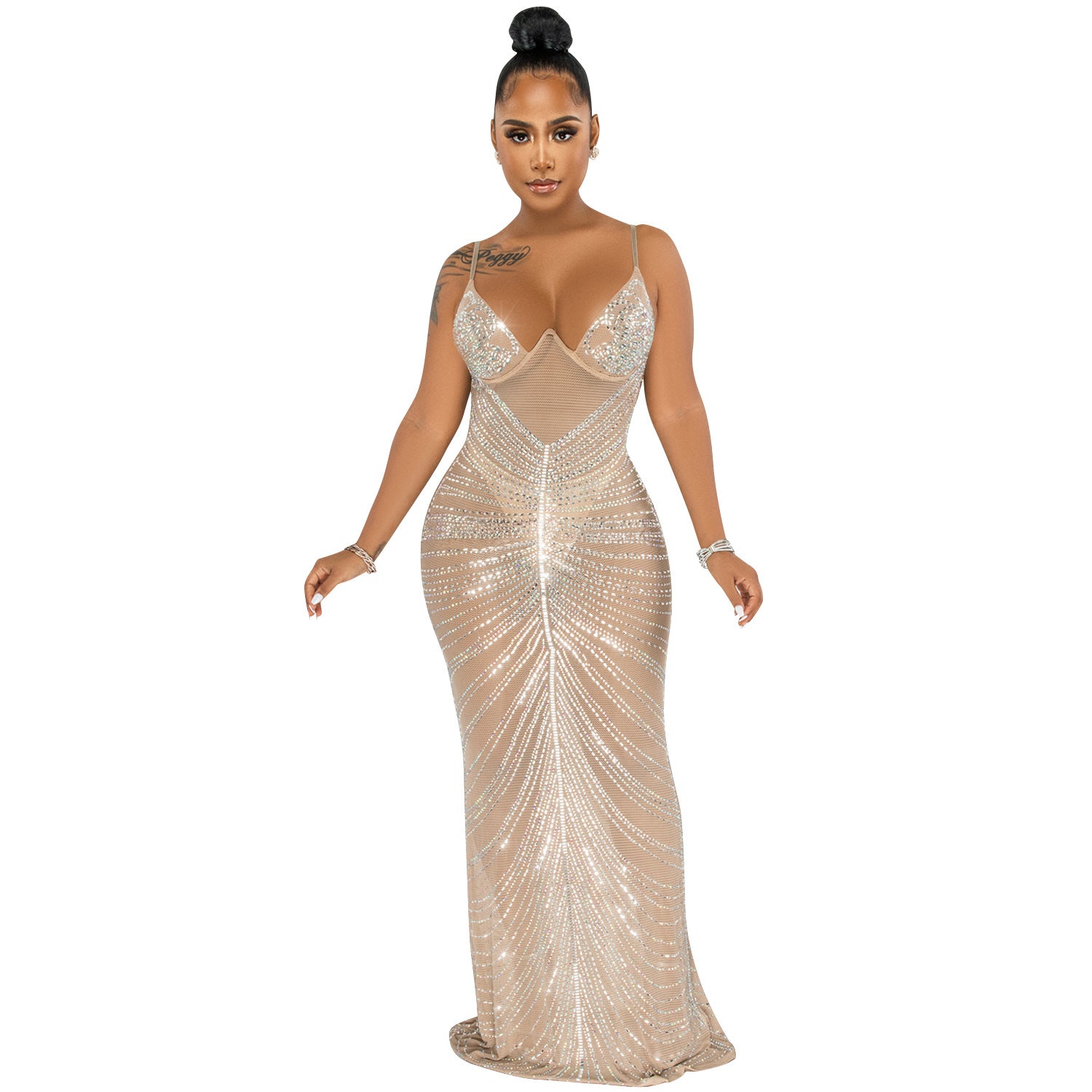 Rhinestone Sexy Spaghetti Straps Chest Wrap Mesh Dresses