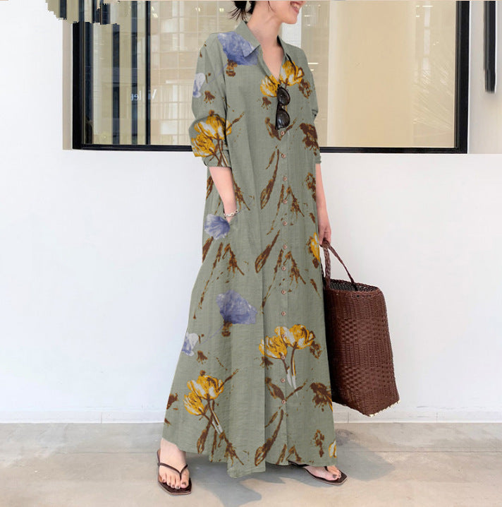 Linen Color Lapel Long Sleeve Pocket Dresses