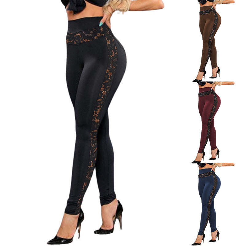 Women's Summer Solid Color Lace Stitching Hip Leggings