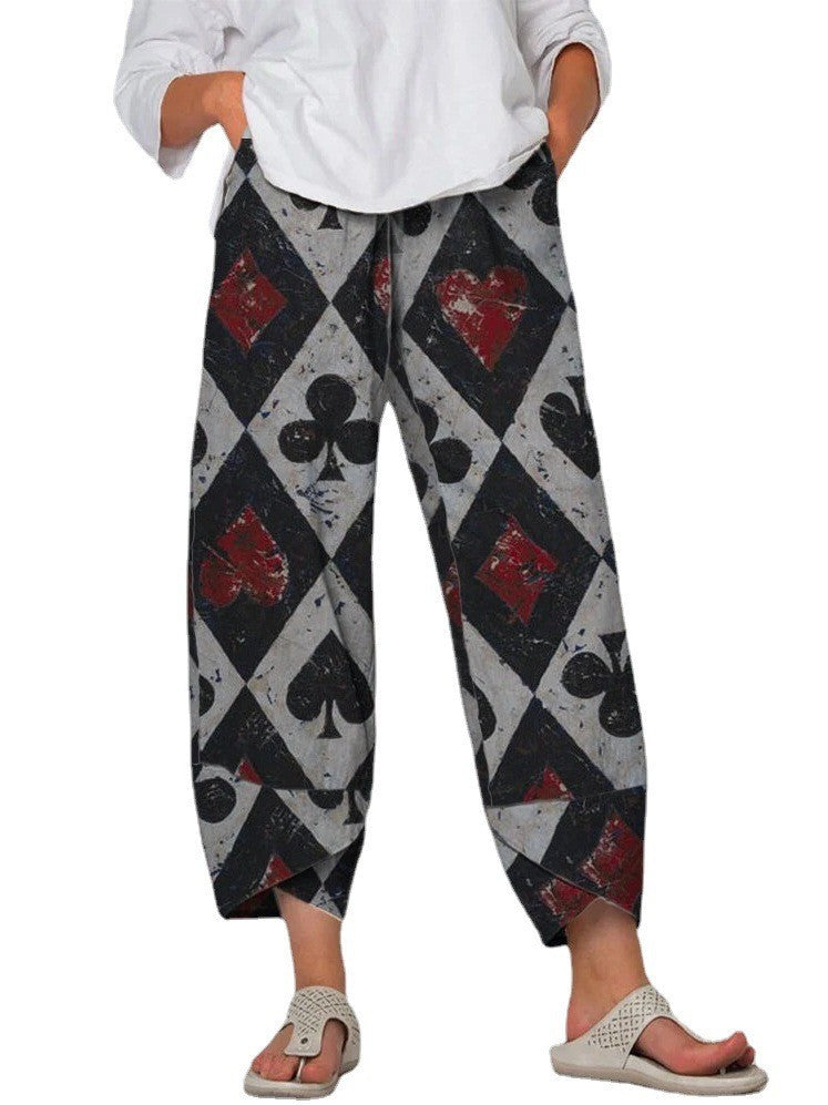 Women's High Waist Gray Printed Stitching Loose Cropped Pants