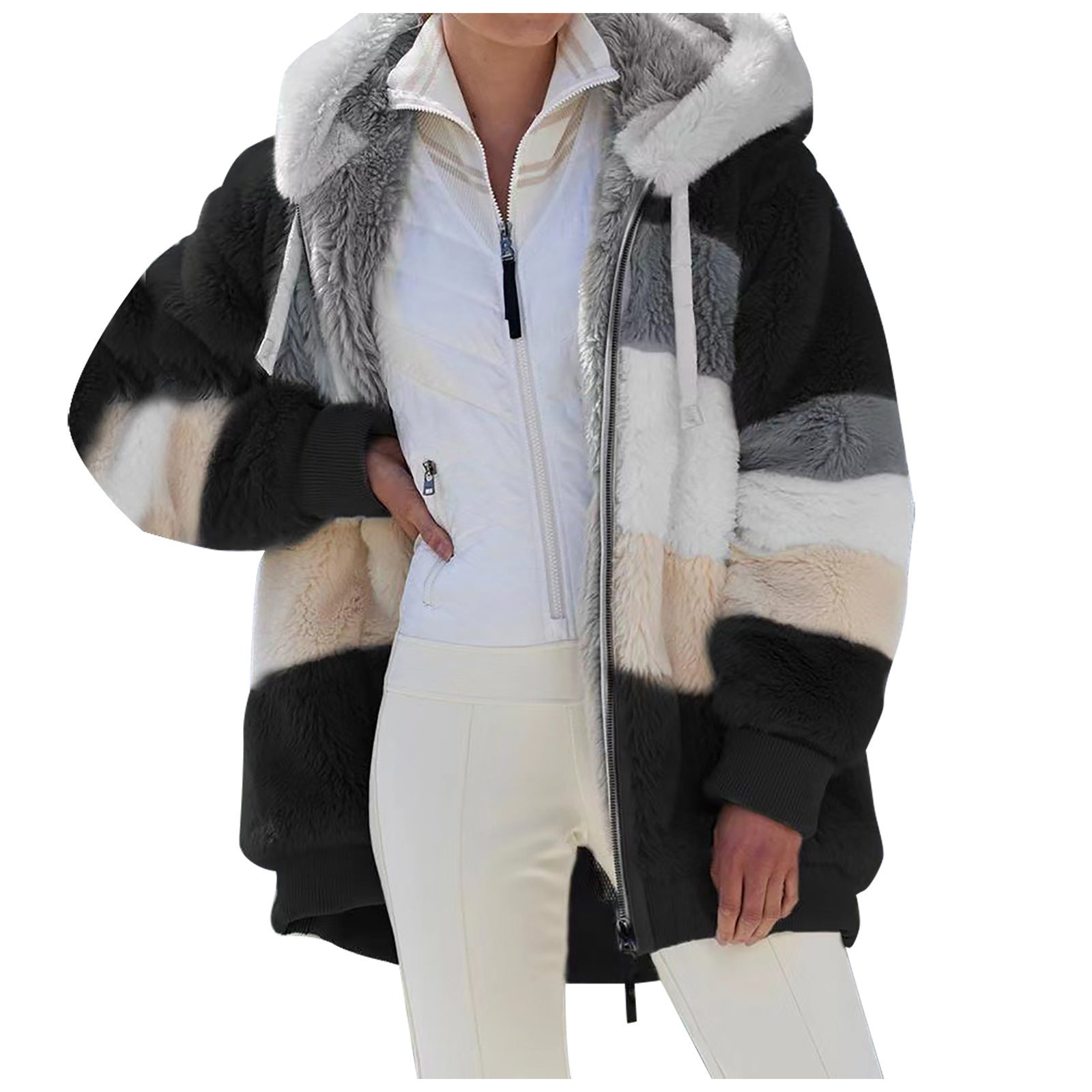 Glamorous Women's Loose Plush Multi-color Hooded Coats