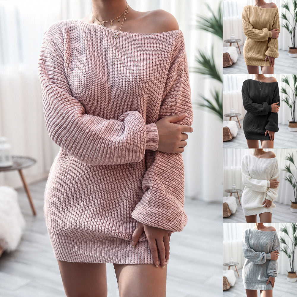 Women's Long Sleeve Shoulder Casual Loose Knitted Dresses