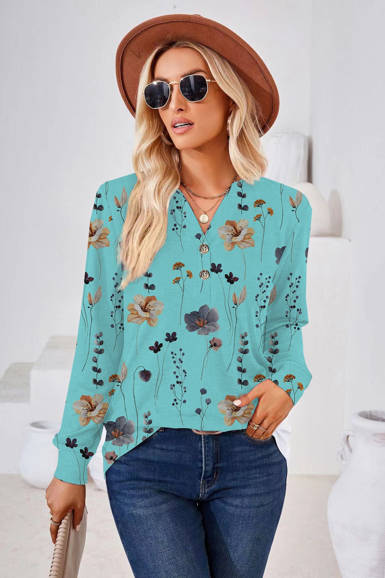 Women's Fashion Casual Printing Button Long Sleeve Blouses