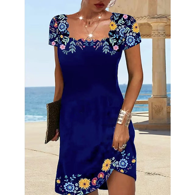 Women's Summer Fluted Collar Printed Short-sleeved Dress Dresses