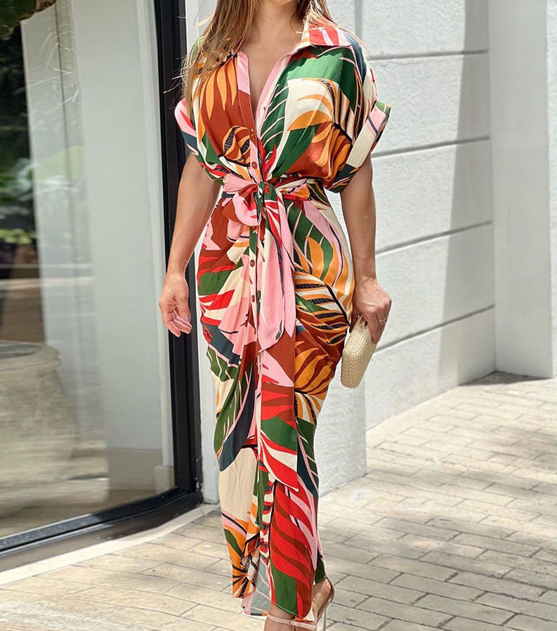 Women's Summer Fashion Printed High Waist Sleeve Dresses