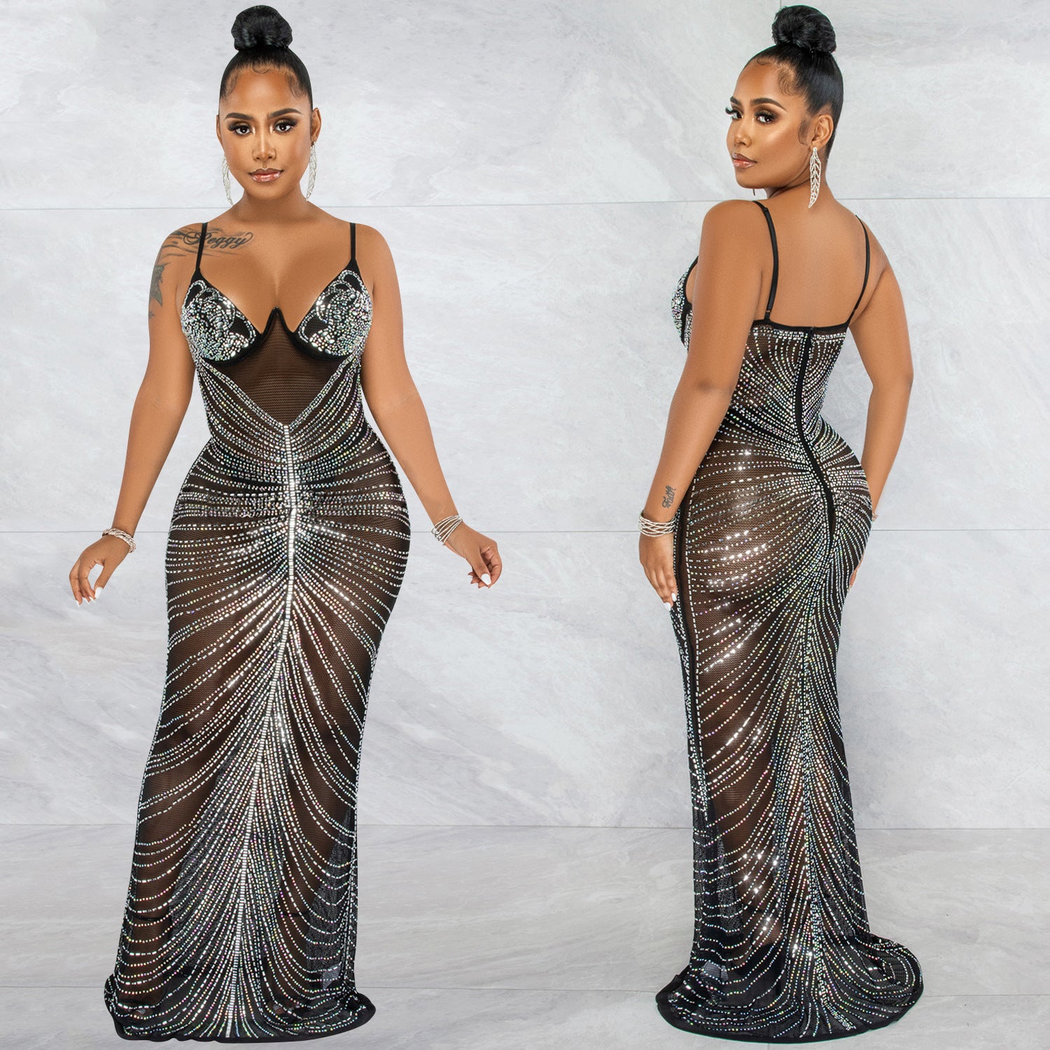 Rhinestone Sexy Spaghetti Straps Chest Wrap Mesh Dresses