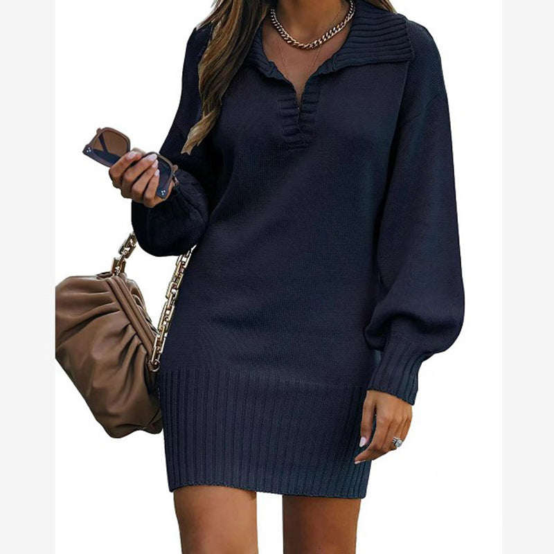 Women's Mid-length Lapel Lantern Sleeve Knitted Solid Sweaters