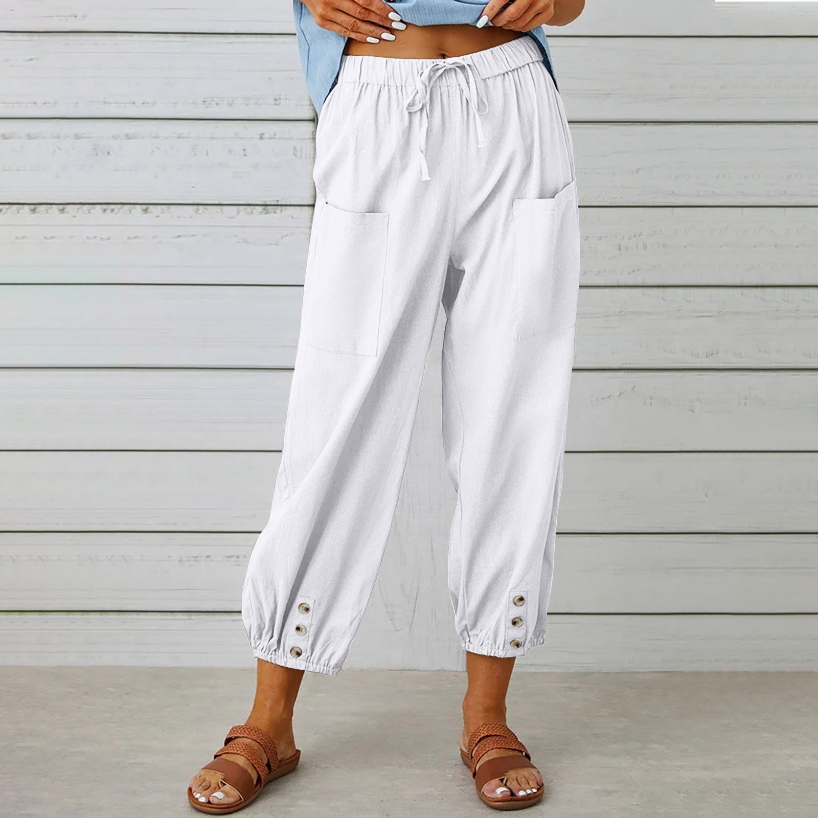 Women's Loose High Waist Button Cotton And Linen Trousers Cropped Pants