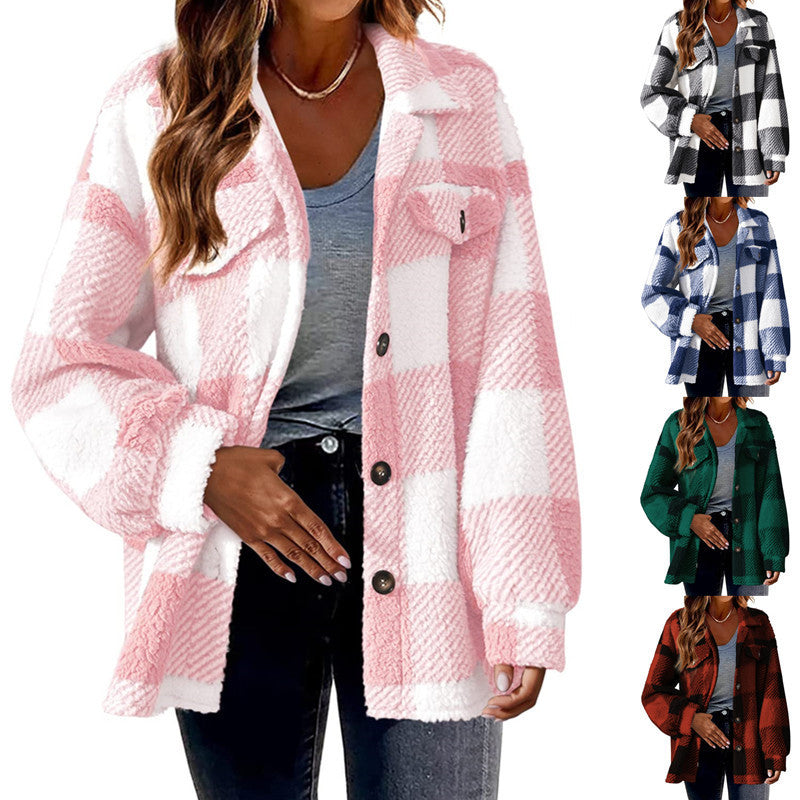 Women's Plaid With Pockets Button Plush Coats