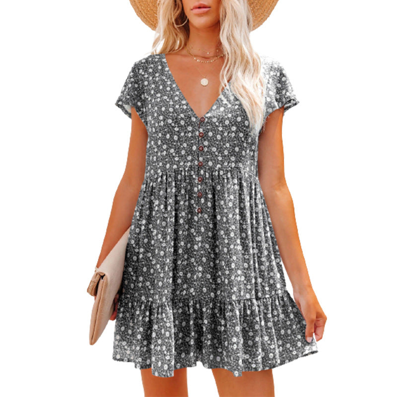 Women's V-neck Buttons Small Floral Sleeve Loose Casual Dresses