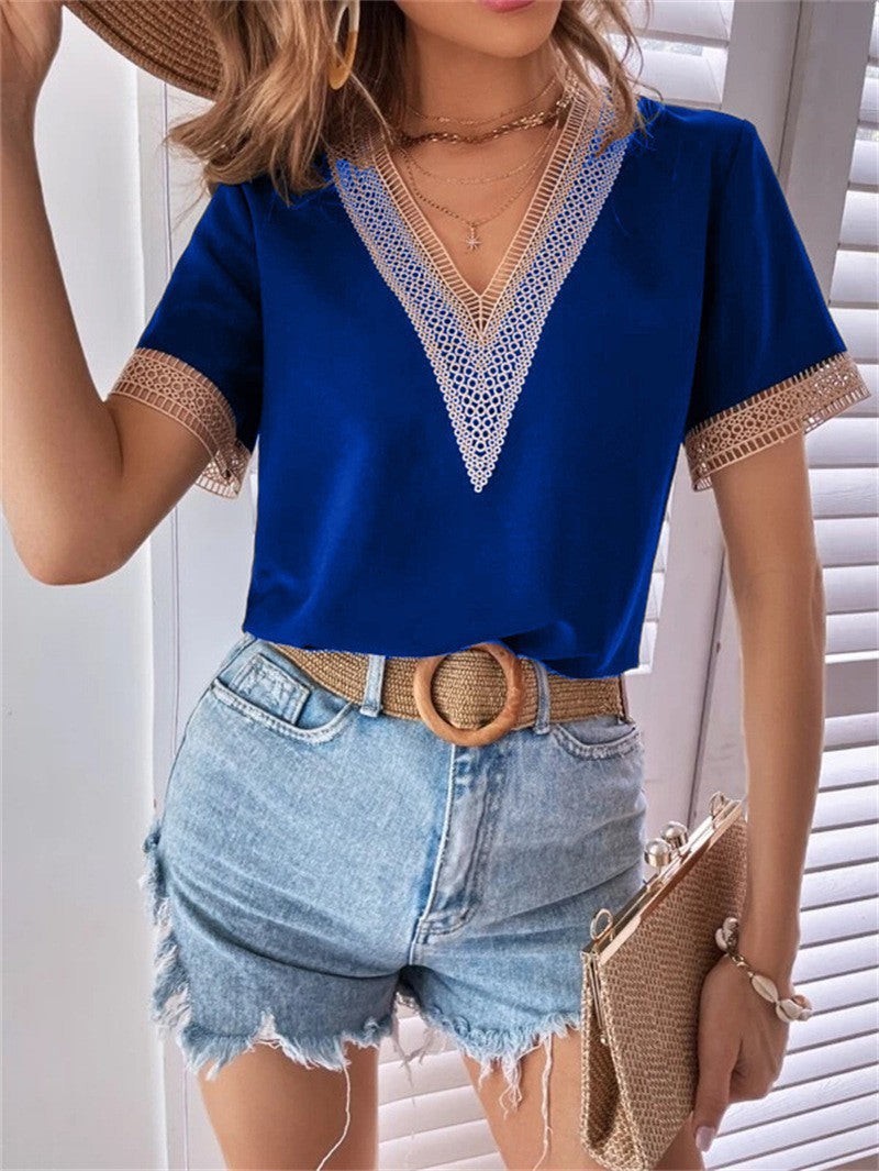 Women's V-neck Lace Casual Solid Color Shirt Blouses