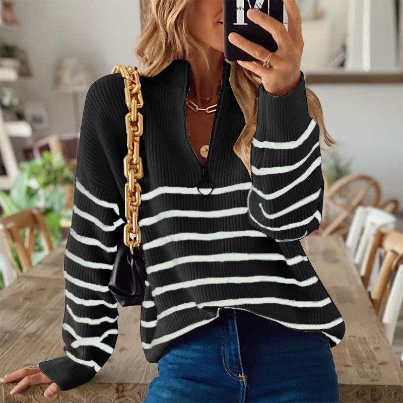 Women's Turtleneck Striped Color Matching Zipper Pullover Sweaters