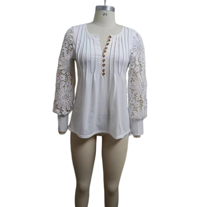 Women's Spring Lace Long Sleeve Pleated Solid Tops