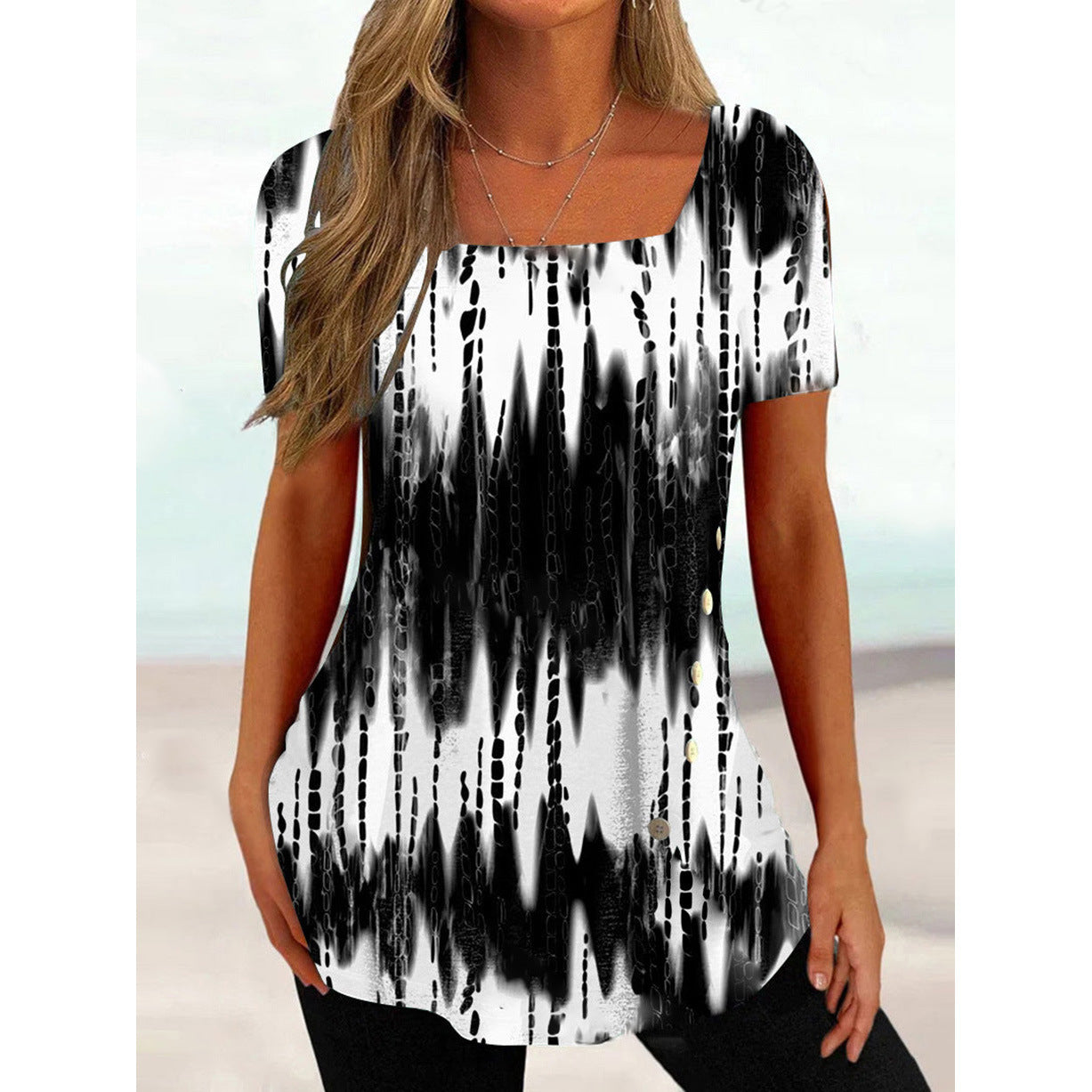 Women's Summer Loose Square Collar Short-sleeved Printed Blouses