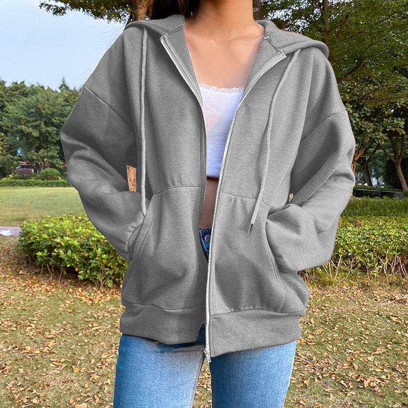 Women's Solid Color Hooded Fleece-lined Long-sleeved Loose Coats