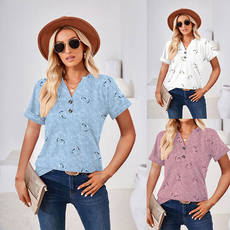 Women's Fashion Casual Printing Button T-shirt Blouses