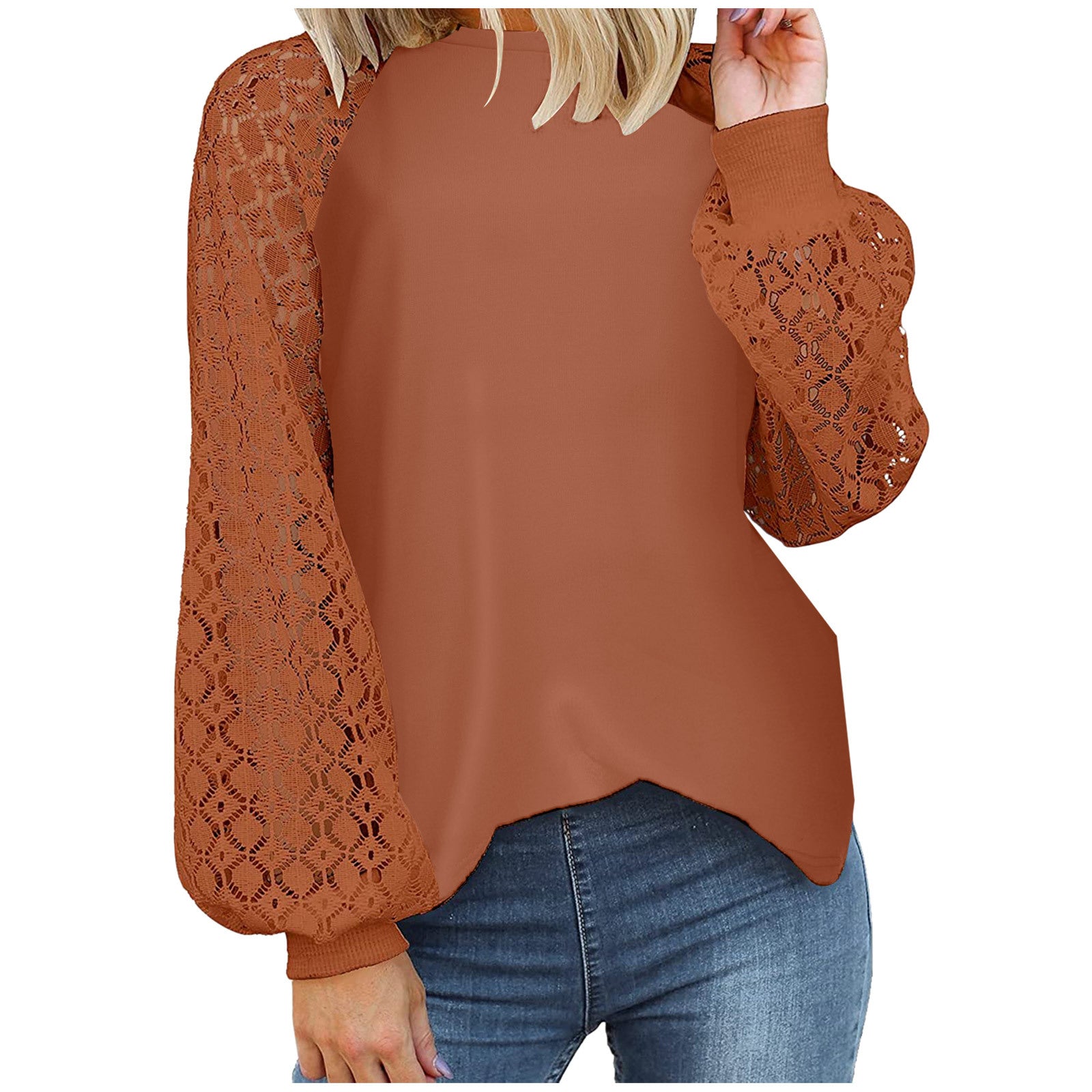 Women's Round Neck Long Sleeve Lace Stitching Sweaters