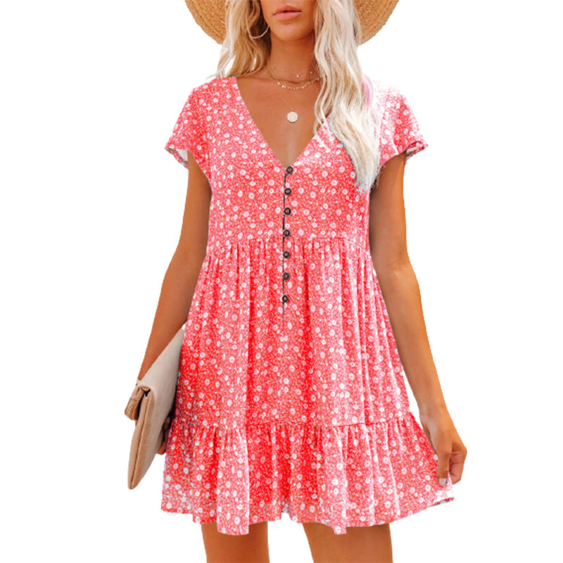 Women's V-neck Buttons Small Floral Sleeve Loose Casual Dresses