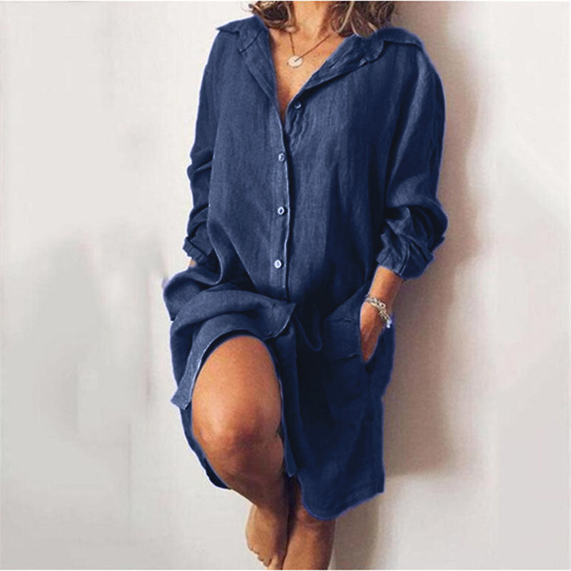 Women's Autumn Linen Mid-length Long Sleeve Solid Dresses