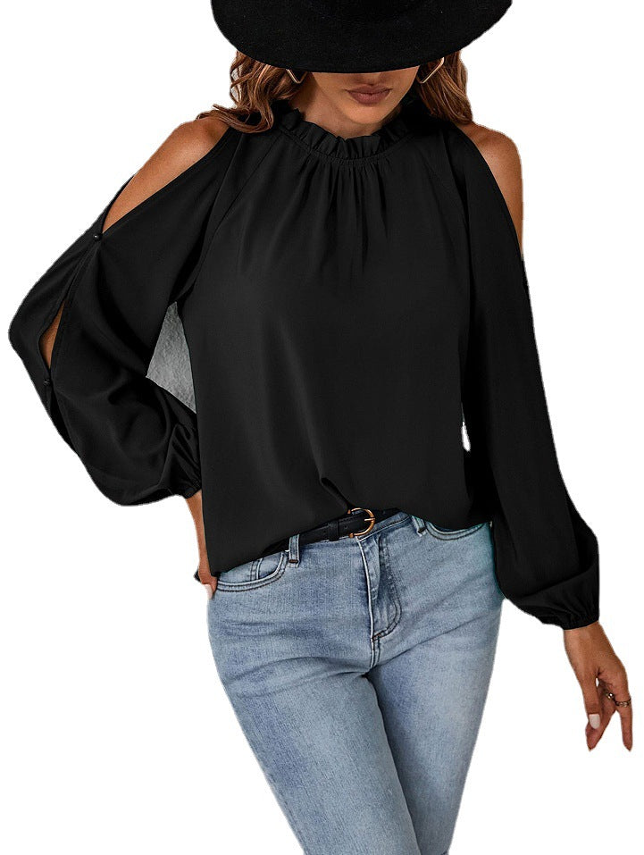 Women's Color Lotus Leaf Round Neck Long Sleeve Pleated Blouses