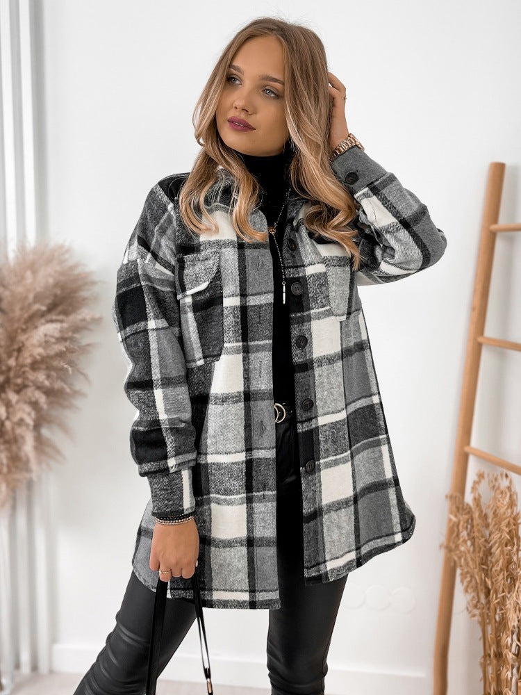 Long Sleeve Single-breasted Plaid Printed Collar Coats