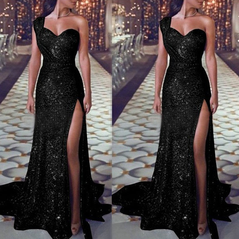 Women's Banquet Temperament Sexy One-shoulder Long Gilding Dresses