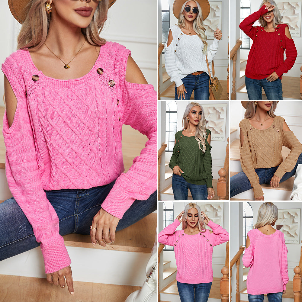 Women's Button Square Collar Long Sleeve Twisted Sweaters