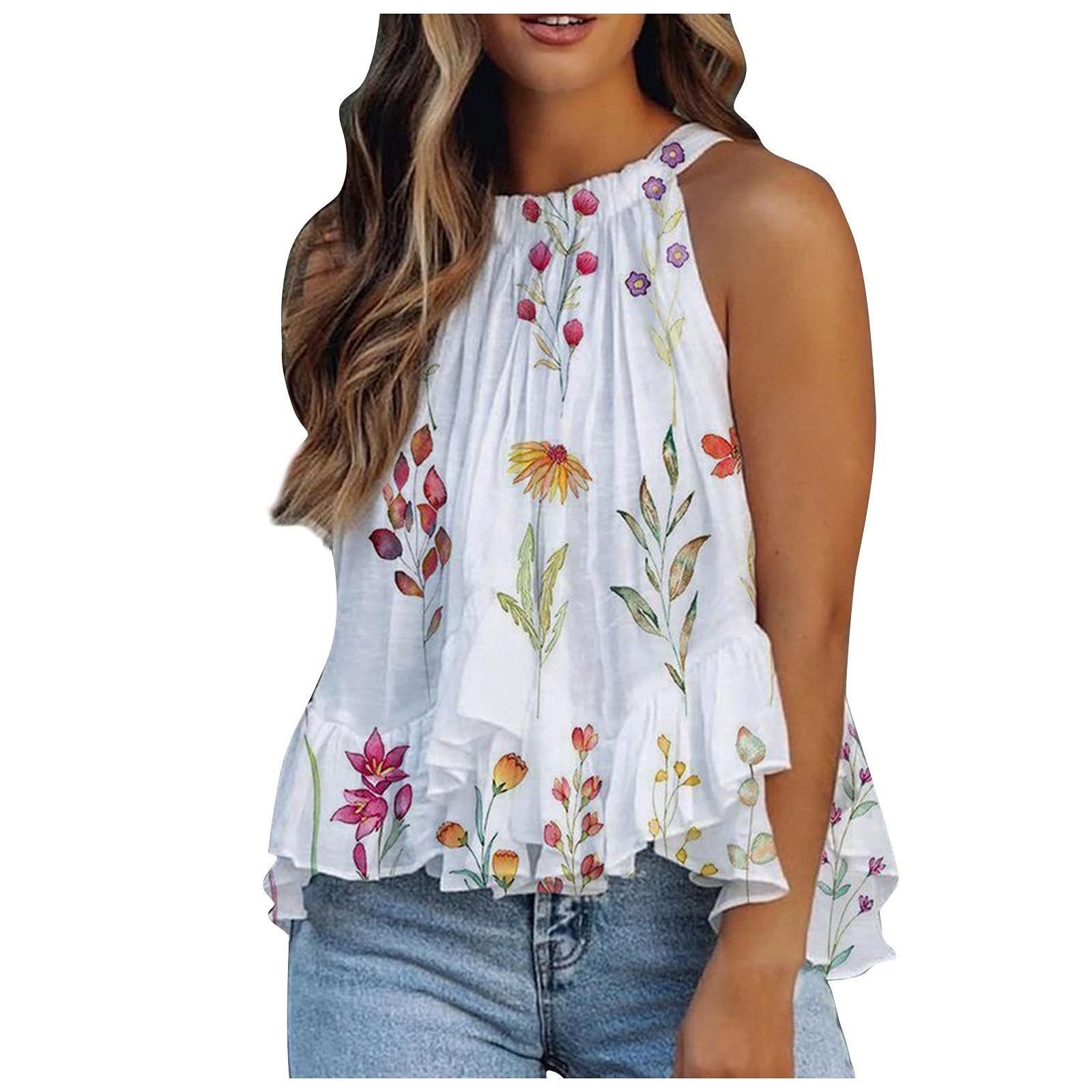 Women's Print Round Neck Halter Sexy Sleeveless Blouses