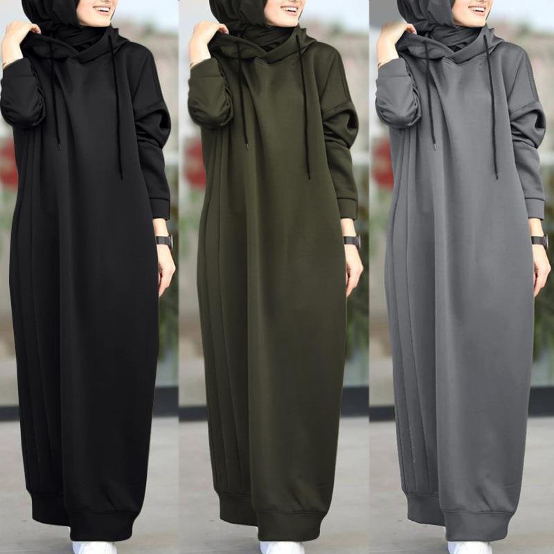 Women's Muslim Autumn Solid Color Plush Cloth Hooded Sweaters