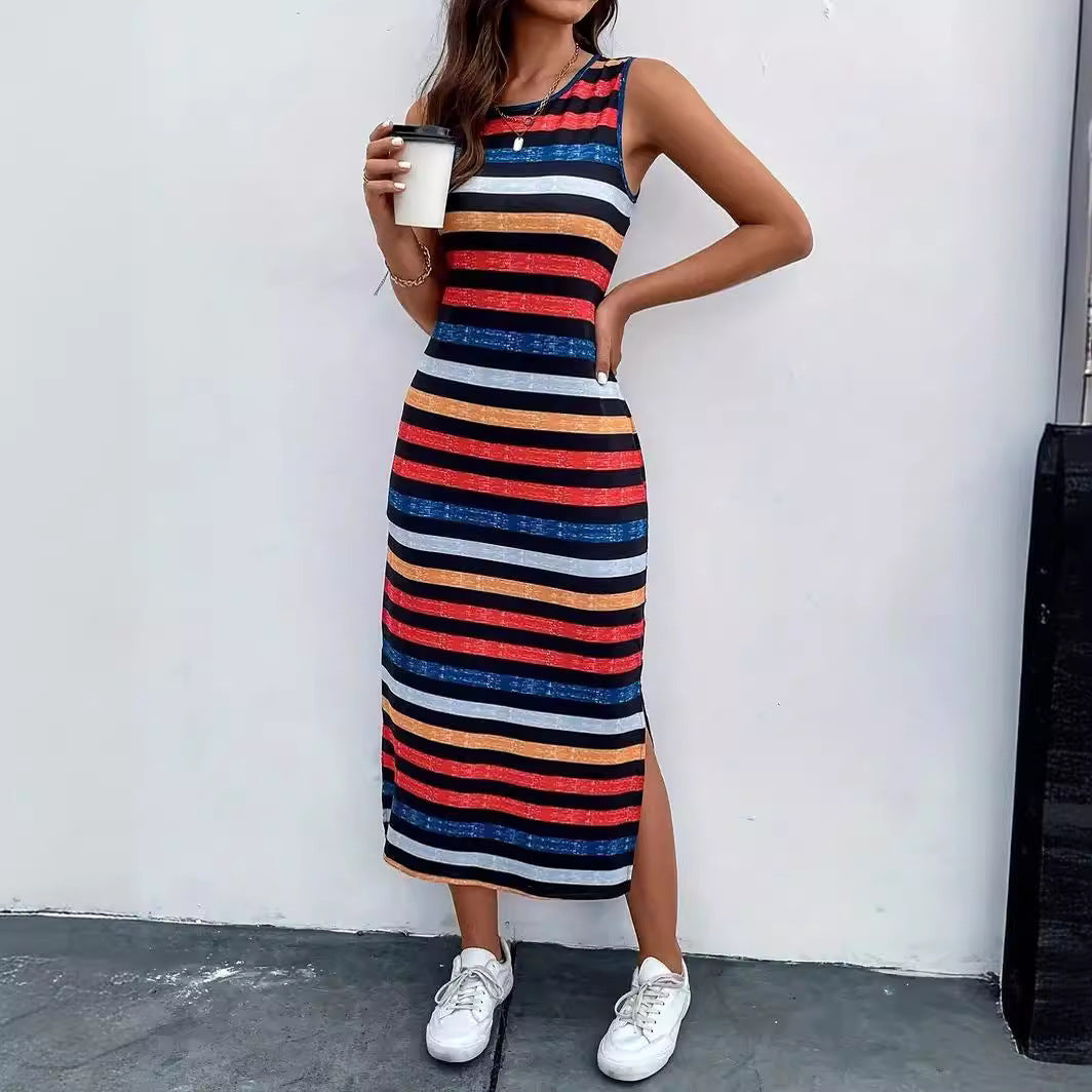 Women's Sleeveless Striped Casual Slit Dress Dresses