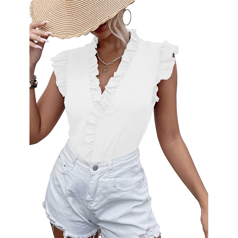 Women's Summer Short-sleeve For Solid Color V-neck Blouses