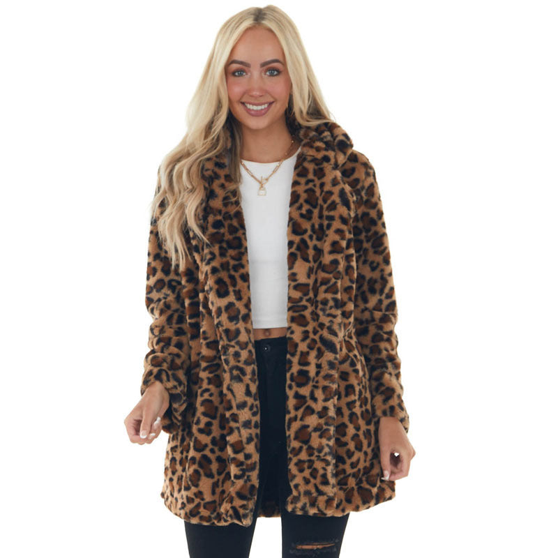 Women's Leopard Print Fashion Temperament Fur Loose Furry Coats