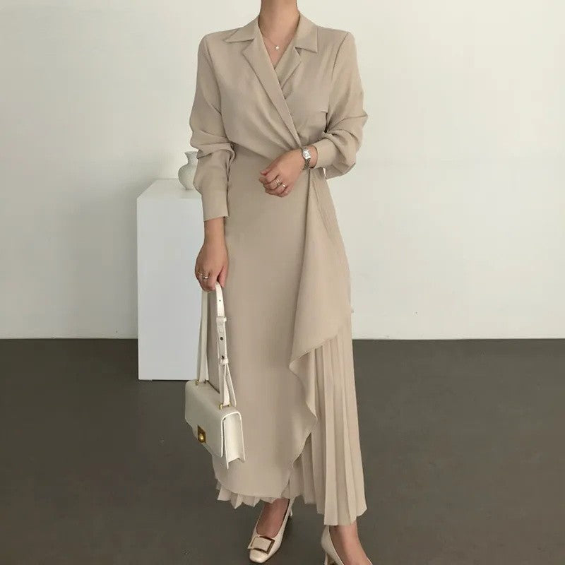 Women's Elegant Shirt Dress Vintage Long Solid Dresses