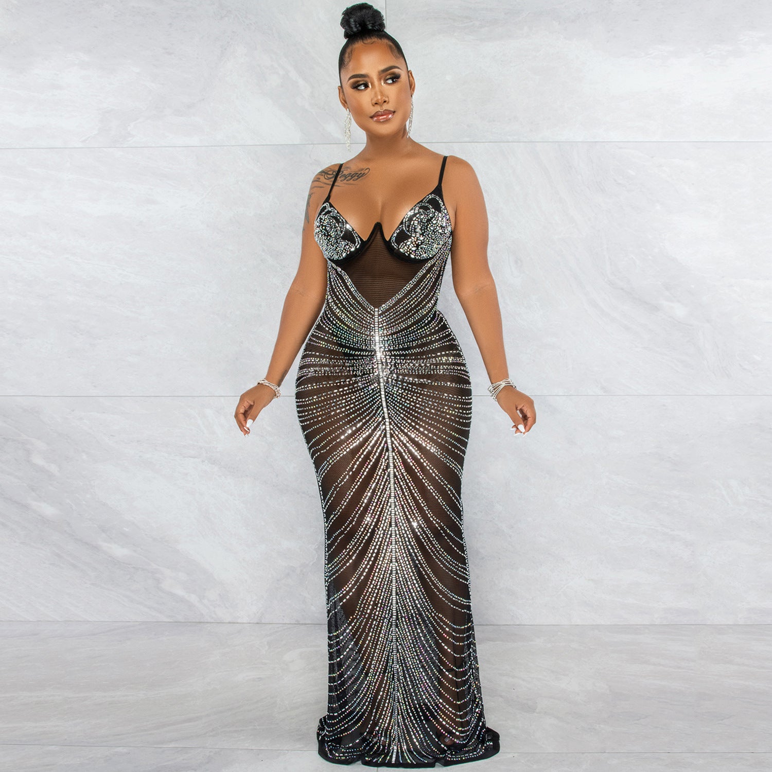 Rhinestone Sexy Spaghetti Straps Chest Wrap Mesh Dresses