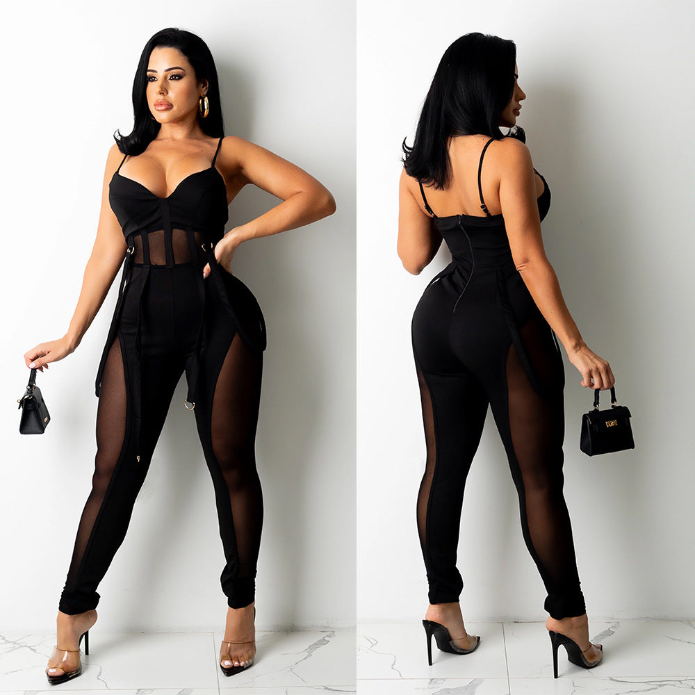 Women's Autumn Mesh Sexy Suspender Trousers Pants