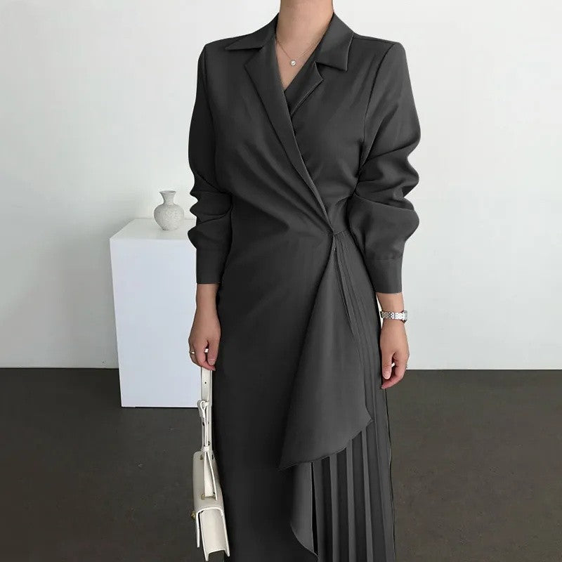 Women's Elegant Shirt Dress Vintage Long Solid Dresses