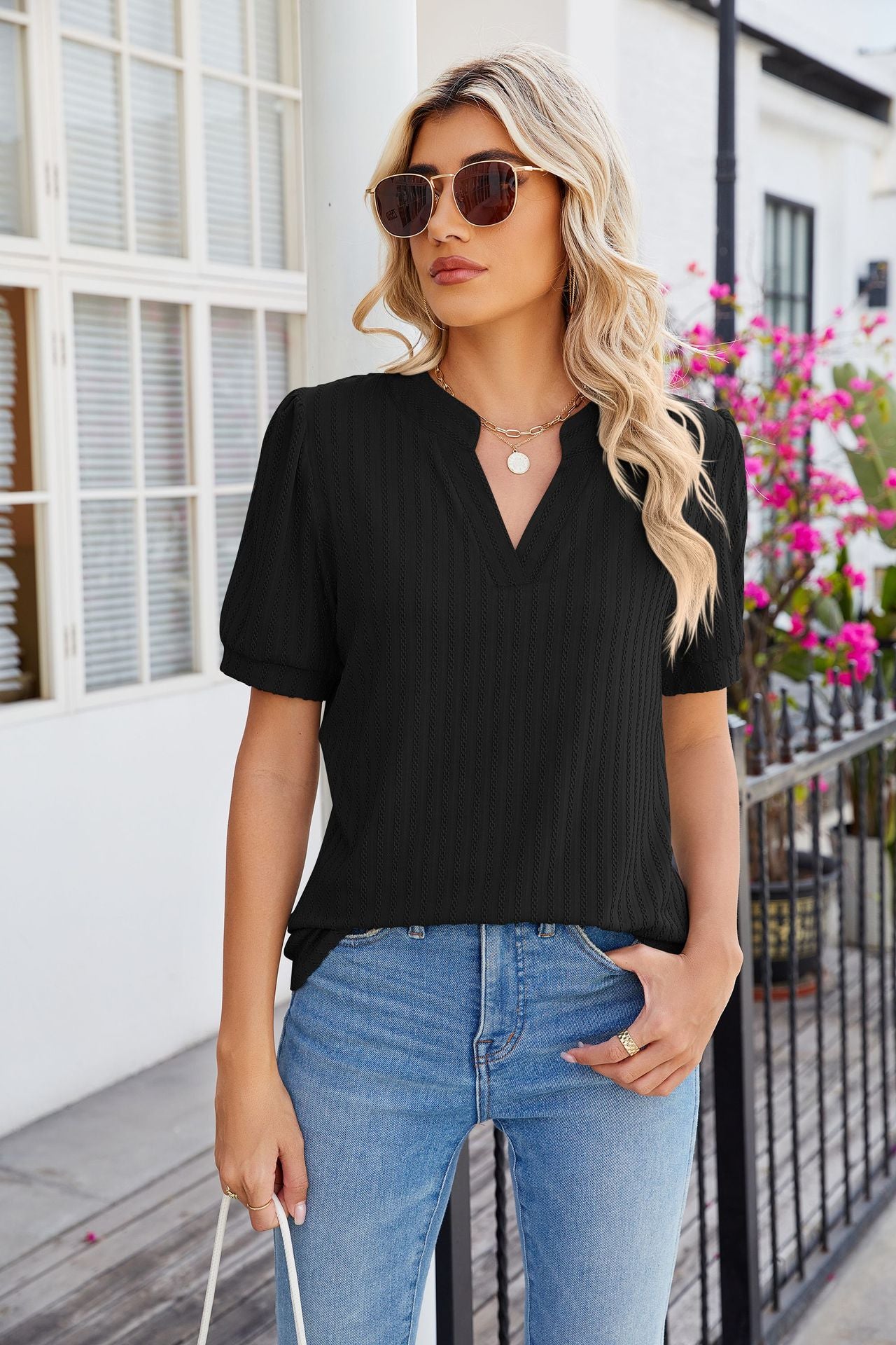 Women's Casual Solid Color Rib Fabric Puff Sleeve Blouses