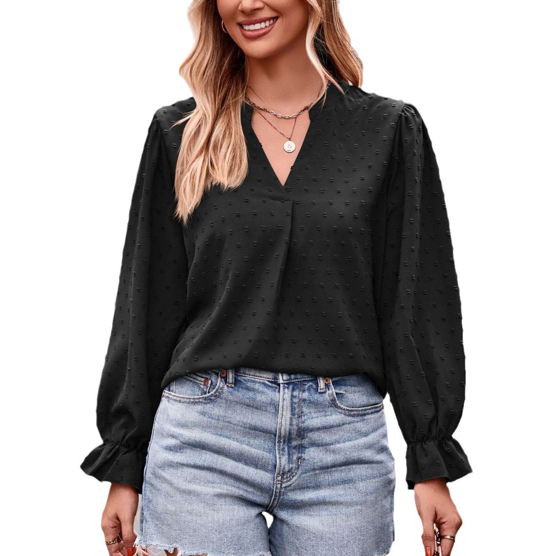 Women's Autumn Jacquard T-shirt Loose Long Sleeve Blouses