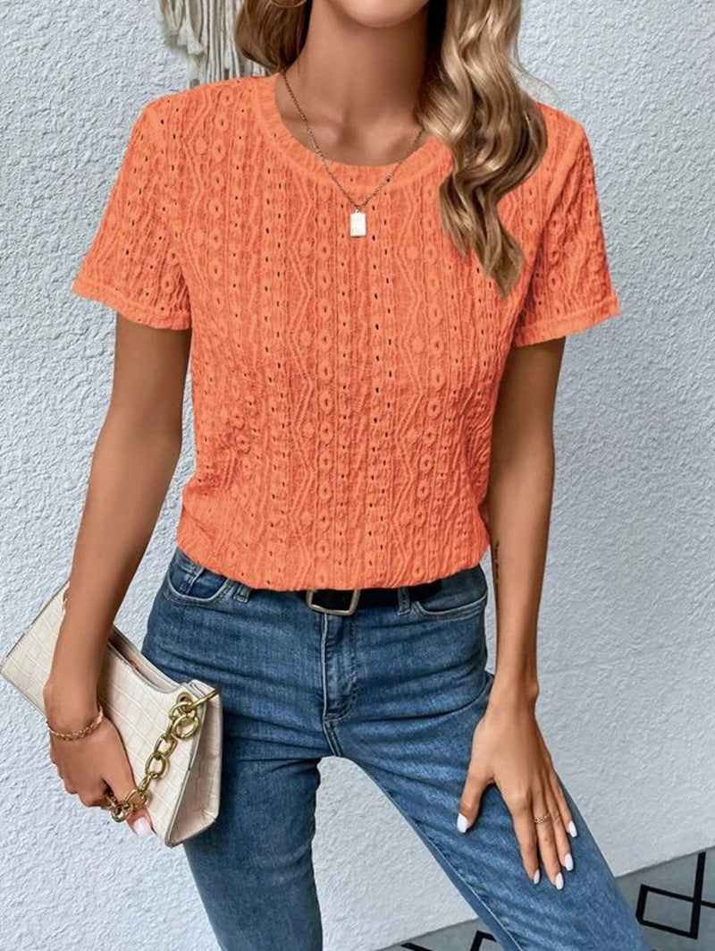 Summer Solid Color Sleeve Hollowed Leisure Blouses