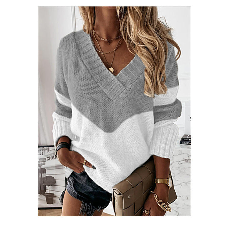 Women's Pullover V-neck Loose Color Matching Contrast Sweaters