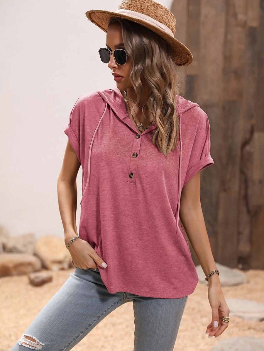 Women's Summer Loose Hooded Button Sleeve T-shirt Blouses