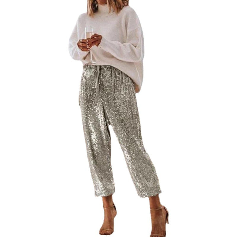 Women's Sequin Sequined High Waist Leg Ruffled Pants