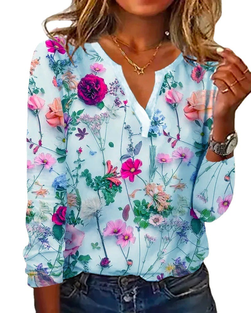 Women's Summer Trendy Printed V-neck Long-sleeved Blouses
