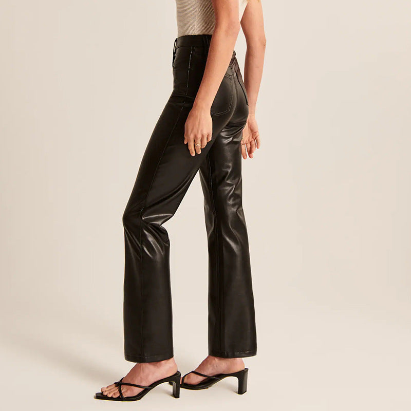 Women's Straight Leather Long Casual Low Waist Pants