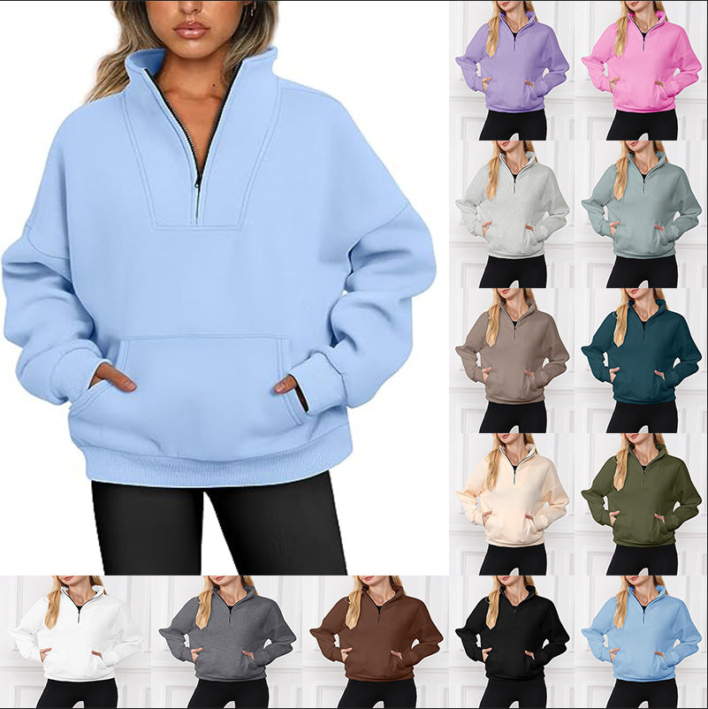 Women's Collar Solid Color Hoodie Pocket Zipper Casual Sweaters