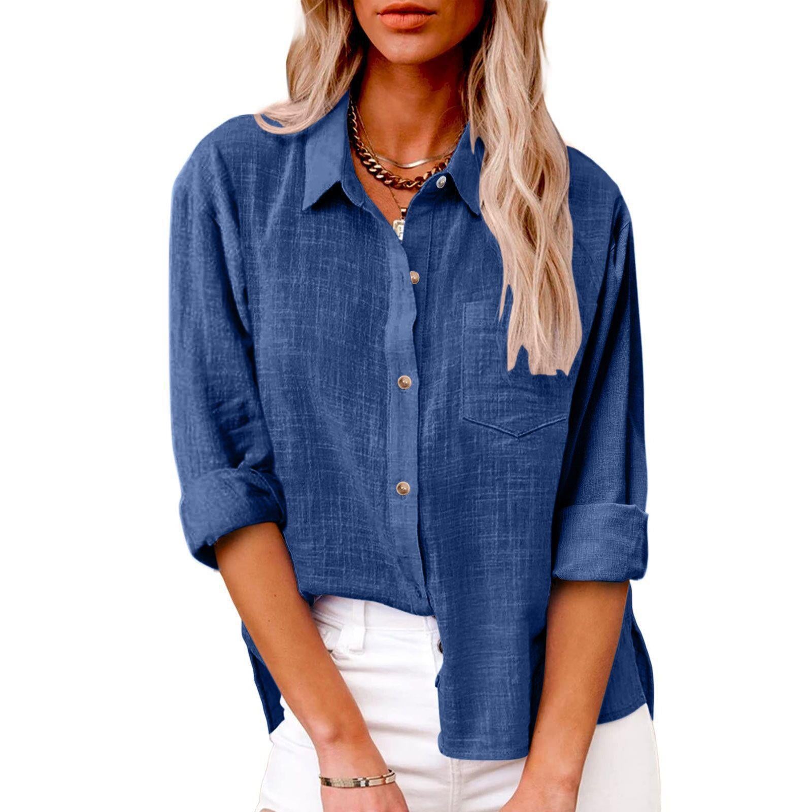 Women's Autumn Pocket Split Linen Long-sleeved Blouses