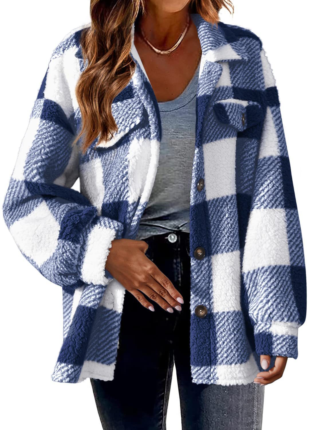 Women's Plaid With Pockets Button Plush Coats