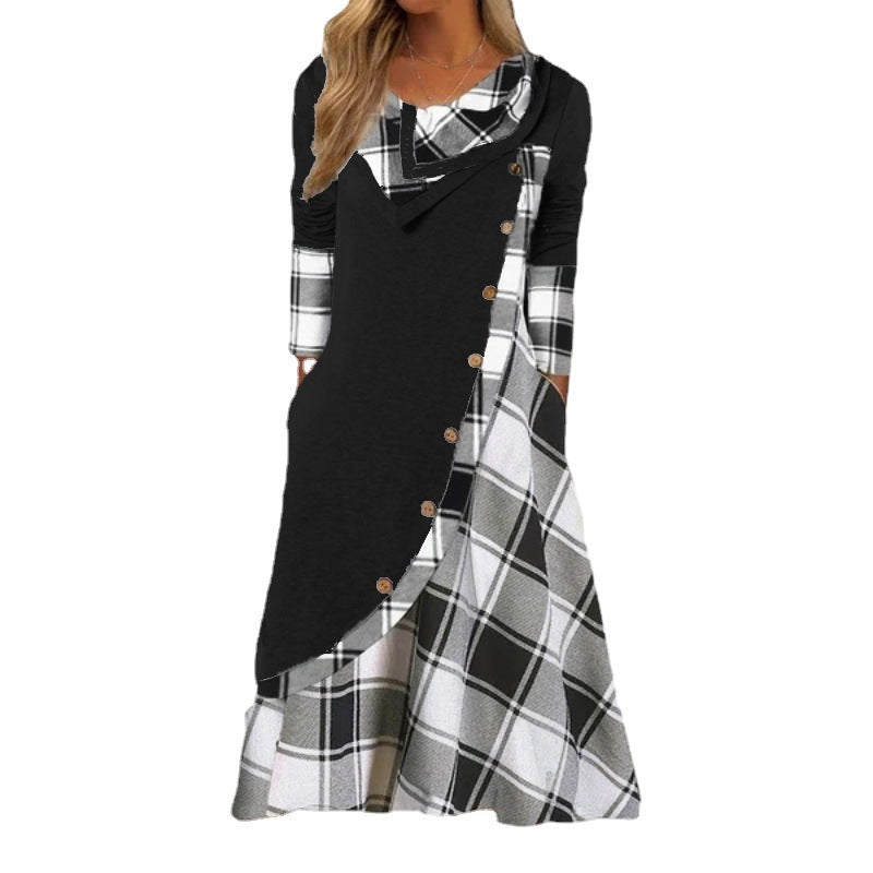 Women's Printed Stitching Button Strip Pocket Heap Dresses