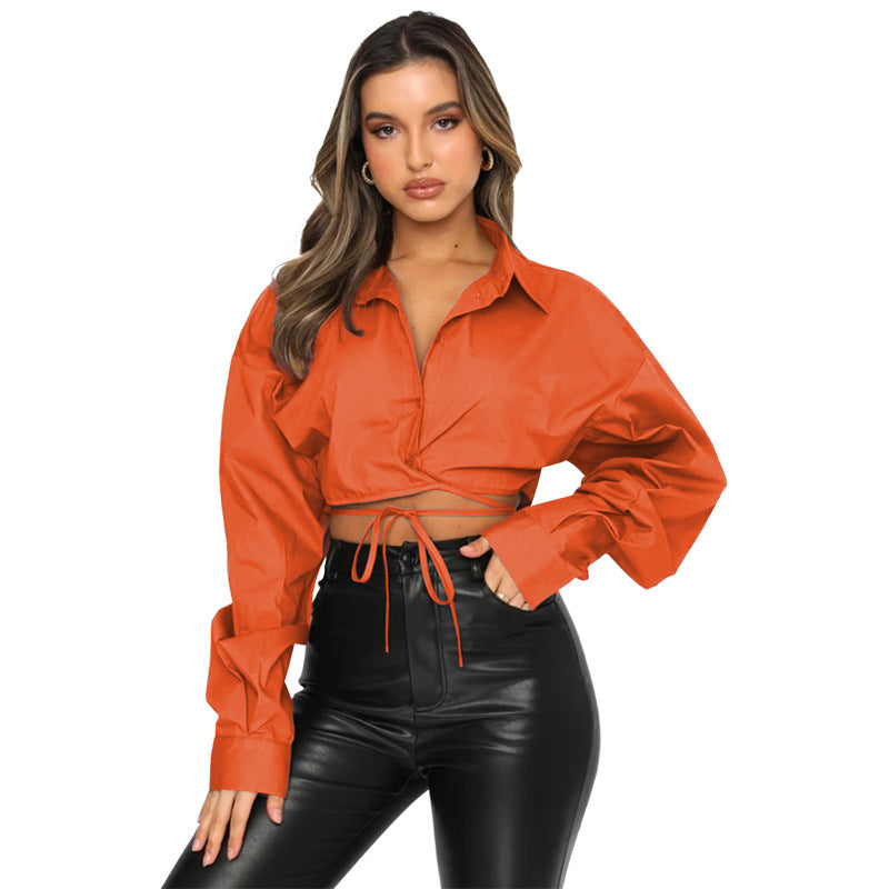 Summer Long Sleeve Loose Solid Color Lace-up Blouses